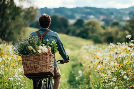 A man enjoys a peaceful ride on a bicycle through a beautiful countryside path, filled with fresh flowers in a basket. This scene showcases nature's beauty.