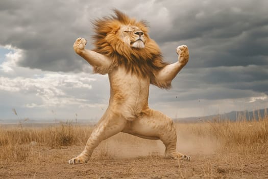 A powerful lion stands confidently in a striking pose against a dramatic sky, illustrating its strength and majesty in the wild.