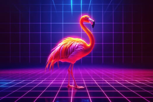 This vibrant image showcases a neon flamingo standing gracefully against a retro futuristic grid backdrop, creating an energetic and eye-catching atmosphere.
