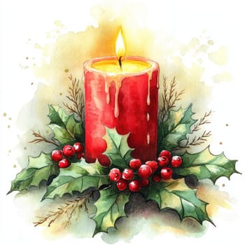Watercolor vibrant red candle surrounded by holly leaves and berries creates warm, festive atmosphere perfect for holiday season.