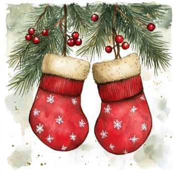 Watercolor Cozy red mittens hang from pine branch, adorned with snowflakes and berries.