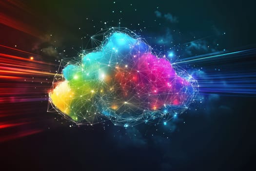 This colorful abstract illustration features a vibrant cloud design with glowing lines and digital connections, embodying creativity and innovation.