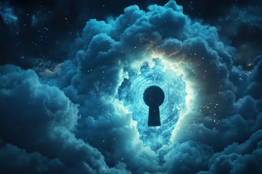 A captivating scene depicting a keyhole nestled within swirling cosmic clouds, inviting viewers into a fantastical universe filled with stars and dreams.