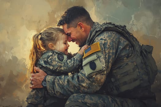 A touching moment captures a soldier embracing his young daughter, showcasing love and warmth in their emotional reunion, highlighting family bonds amidst military life.