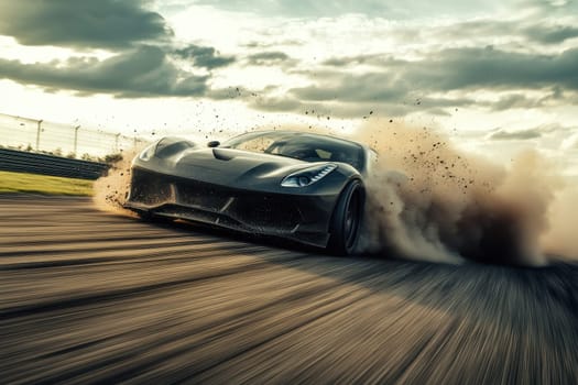 A powerful sports car drifts on a race track, sending up clouds of dust against a stunning sunset. This image captures speed and excitement in motorsport.