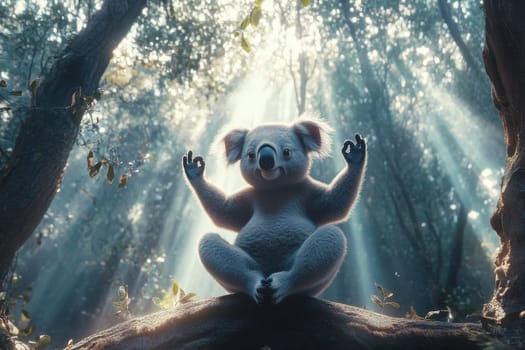 A playful koala sits in a lush forest, meditating peacefully amid beams of sunlight filtering through trees. This enchanting scene captures serenity and tranquility.