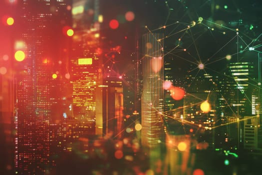 A stunning urban landscape featuring vibrant city lights and abstract elements, showcasing the energy and beauty of a modern metropolis at night.