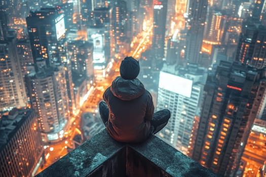 A person sits on a rooftop ledge, gazing over a vibrant city skyline illuminated by countless lights at night. The scene captures a moment of solitude and reflection.