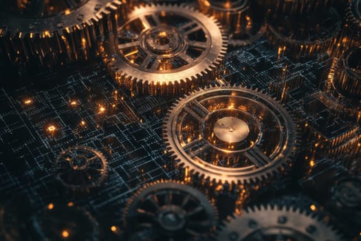 A captivating close-up of intricate gears with golden accents set against a digital circuit background, showcasing the beauty of mechanical design and technology.