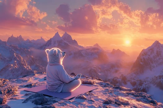 A serene polar bear practicing yoga on a mountain peak at sunrise, surrounded by stunning colorful clouds and a breathtaking landscape.