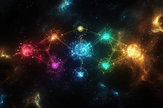 Explore the vibrant cosmic network featuring colorful celestial bodies and dazzling light patterns against a dark space backdrop, evoking a sense of wonder.