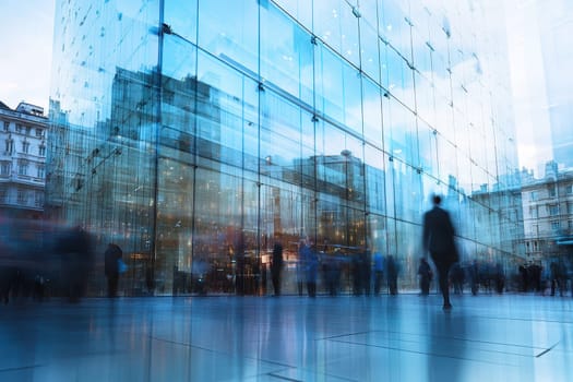 Captivating urban scene featuring a modern glass building with striking reflections and blurred motion of people, highlighting dynamic city life.