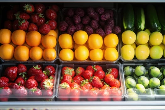 A vibrant assortment of fresh fruits displayed in a grocery store refrigerator, featuring oranges, strawberries, and more, representing healthy eating choices and color diversity.
