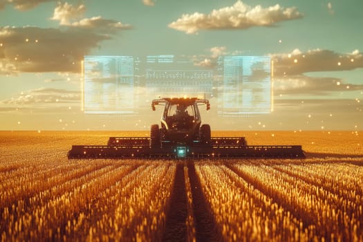 A futuristic tractor works in a golden wheat field at sunset, illuminated by a digital interface showcasing advanced agricultural technology.