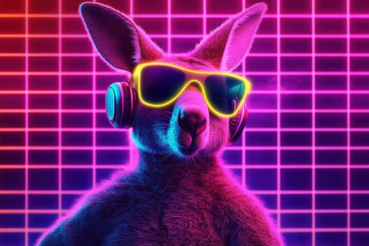 A vibrant kangaroo wears sunglasses and headphones, set against a glowing retro background. This playful and colorful design captures the essence of modern youth culture and music.