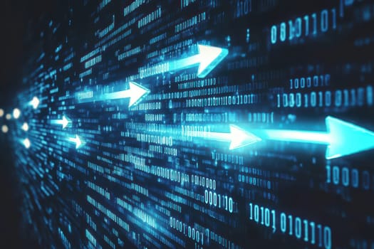 This image showcases a dynamic representation of digital data flowing, illustrated by blue arrows against a dark backdrop filled with binary code, symbolizing technology and movement.