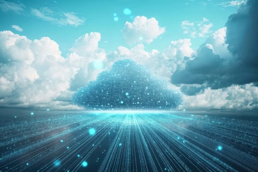 A stunning digital representation of a cloud symbolizing data transfer, illuminated by blue lights and particles, set against a bright sky with fluffy clouds.