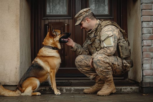 A soldier in camouflage kneels to engage lovingly with a dog on a residential doorstep, showcasing the bond between humans and service animals.