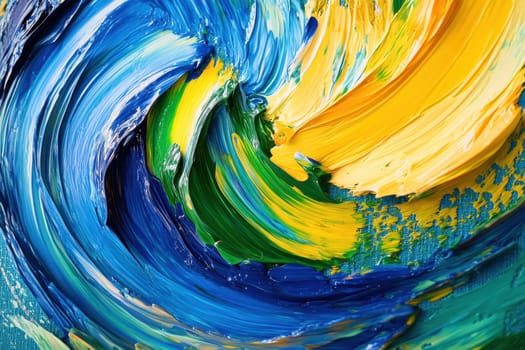 An eye-catching abstract artwork showcasing vibrant swirls of blue, green, and yellow oil paint, ideal for creative projects.