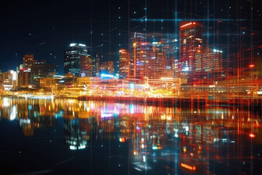 A stunning night view of a vibrant city skyline, featuring colorful light trails and reflections on the water surface, creating an abstract urban landscape.
