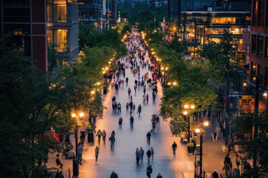 A vibrant city street bustling with pedestrians in the evening. The scene showcases urban life with warm lights, trees, and modern architecture.