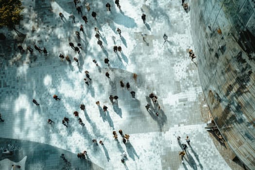 This image captures an aerial perspective of a bustling urban plaza where numerous individuals create dynamic shadows on the pavement tiles.