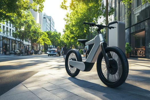A sleek electric bicycle is parked on a vibrant urban street, surrounded by lush trees and modern buildings, capturing the essence of city life and green transport.