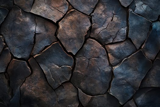 This image features a dark cracked rock surface showcasing unique textures and patterns, perfect for backgrounds in nature-themed projects.