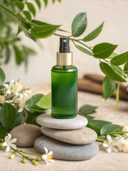 Green glass spray bottle sitting on stones with green leaves and flowers. Natural cosmetic product packaging mock up. Ai generated image