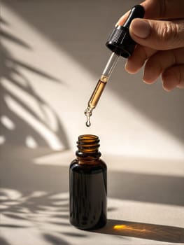 Hand holds pipette. Amber glass droplet bottle on beige background with leaves shadows. Natural cosmetic product concept. Ai generated image