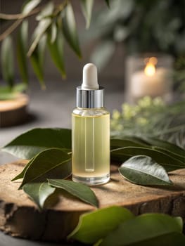 Glass dropper bottle of serum or essential oil on wooden podium with green leaves. Natural cosmetic products packaging design mock up.. Ai generated image