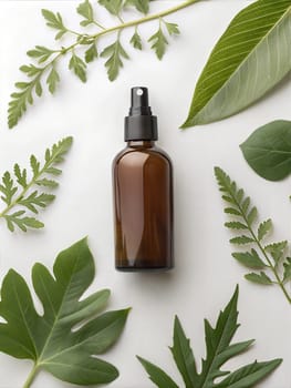 Amber glass spray dispenser bottle on white background with green leaves. Natural cosmetic products packaging design mock up. Ai generated image