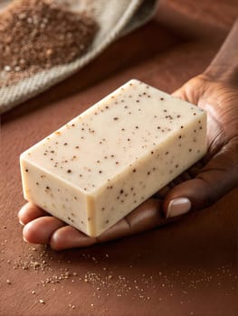 Hand holding piece of natural soap. Handmaid exfoliant soap with brown sugar. . Ai generated image