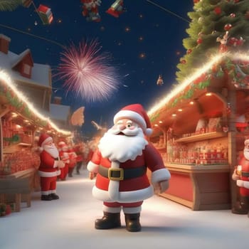 Santa Claus Stands at Marry Christmas, Fair festival in Europe, fireworks Holiday. High quality illustration