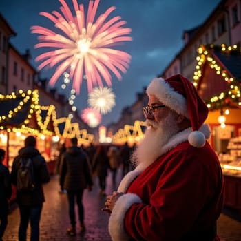 Santa Claus Stands at Marry Christmas, Fair festival in Europe, fireworks Holiday. High quality illustration
