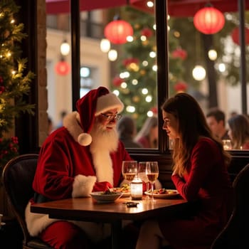 Santa Claus and girl sitting at a table in a cafe, romance, date, holiday, Merry Christmas and Happy New year. High quality illustration