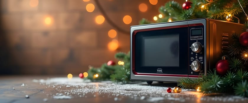 Microwave with fir branches, ornaments, and lights for a cozy Christmas feel