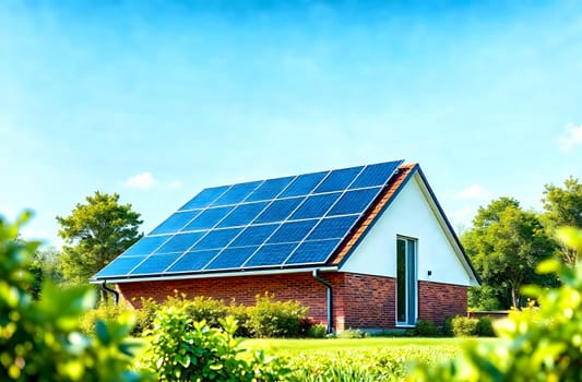 Residential building features solar panels on its roof, showcasing a commitment to renewable energy and a sustainable lifestyle amid greenery.