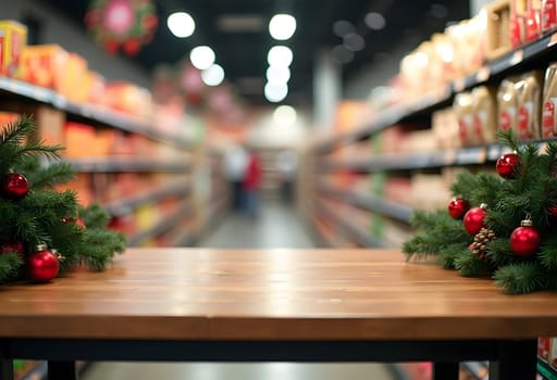 Festive New Year background of the store with an empty wooden table decorated with branches, lights and Christmas decorations. High quality photo