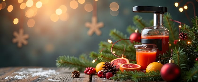 Juicer decorated with fir branches, ornaments, and lights for a cozy Christmas feel