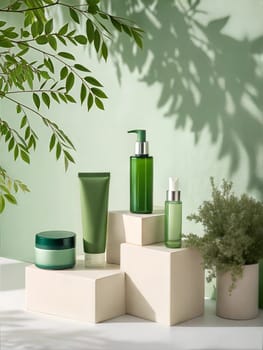Four green cosmetic containers displaying on white round podium with tropical leaves. Cosmetic products mockup displaying on light green background. Skin care products. Ai generated image