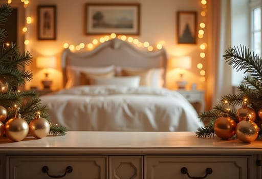 A warm, golden-themed bedroom decorated for the holiday season, featuring an empty table adorned with fir branches, garlands, and elegant Christmas ornaments. The luxurious gold decor fills the room with a festive and inviting atmosphere, blending holiday cheer with a cozy, sophisticated ambiance perfect for relaxation or seasonal displays