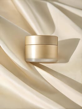 Gold face cream jar product mockup on beige satine background, beauty and skincare, cosmetic science concept. A generated image