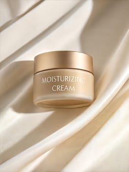 Moisturizing gold face cream jar product mockup on beige satine background, beauty and skincare, cosmetic science concept. A generated image