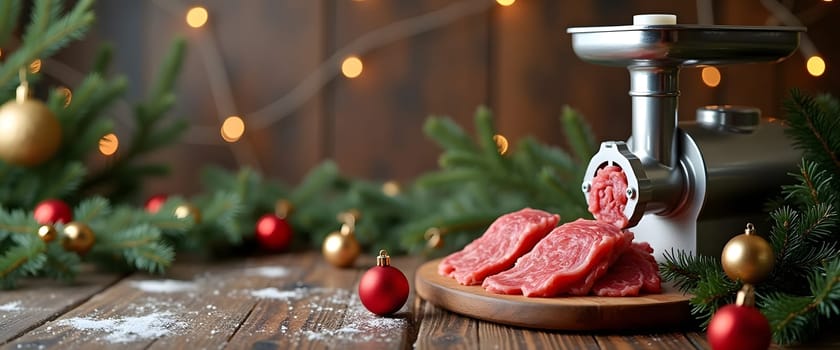 Meat grinder with fir branches, ornaments, and lights for a cozy Christmas touch