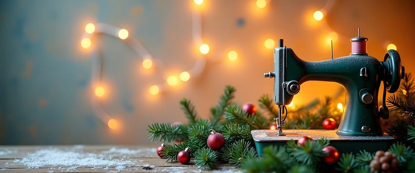 Sewing machine with coniferous branches, balls and lights, creating a cozy Christmas atmosphere