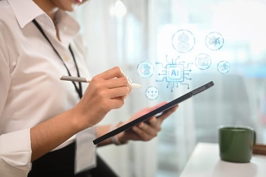 Young woman using digital tablet with artificial intelligence tools and data analytics virtual icons.