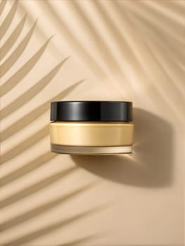 Face cream jar with black lid product mockup on beige background with palm leaves shadow, beauty and skincare, cosmetic science concept. A generated image