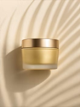 Gold face cream jar with black lid product mockup on beige background with palm leaves shadow, beauty and skincare, cosmetic science concept. A generated image
