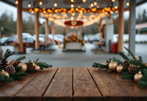 A cheerful midday scene at a gas station on Christmas Eve, featuring a clear view of the street adorned with festive decorations. In the foreground, an empty wooden table is elegantly decorated with fir branches, garlands, and vibrant Christmas ornaments, creating a bright and inviting atmosphere that captures the joy of the holiday season